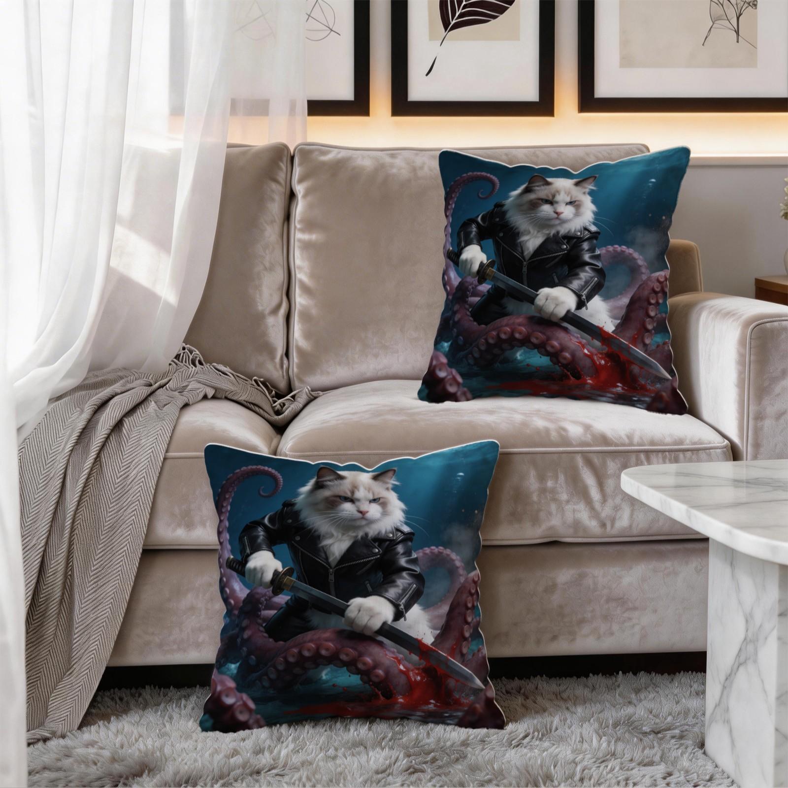 1 Pack Funny Animal Throw Pillow Set, HD Digital Print Samurai Cat / Pirate Garfield / Rocket Raccoon Accent Cushion, Non-Fade Decorative Pillow for Couch & Bed, Cool Gift for Pet Lovers, 18×18 Inch Home Decor