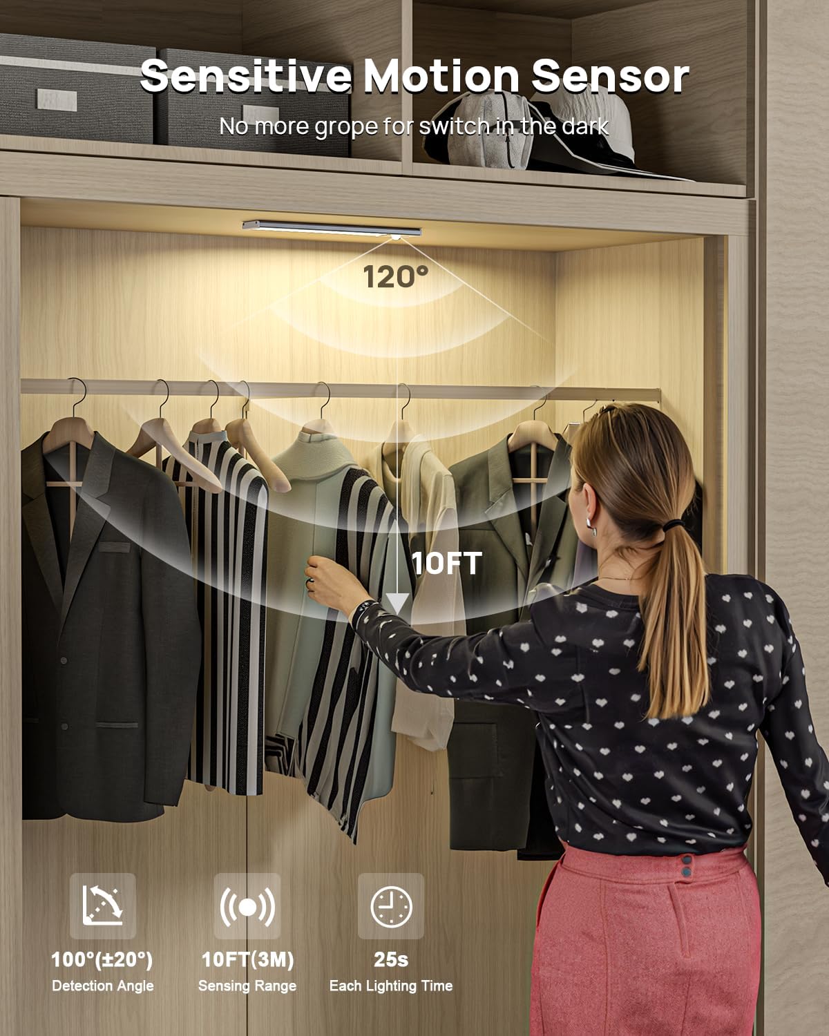 9" Under Cabinet Lighting Wireless, Motion Sensor Light Indoor with Remote, LED Rechargeable Closet Light, 3 Color Temps, Dimmable, Magnetic, Under Counter Lights for Kitchen, Stairs, Pantry