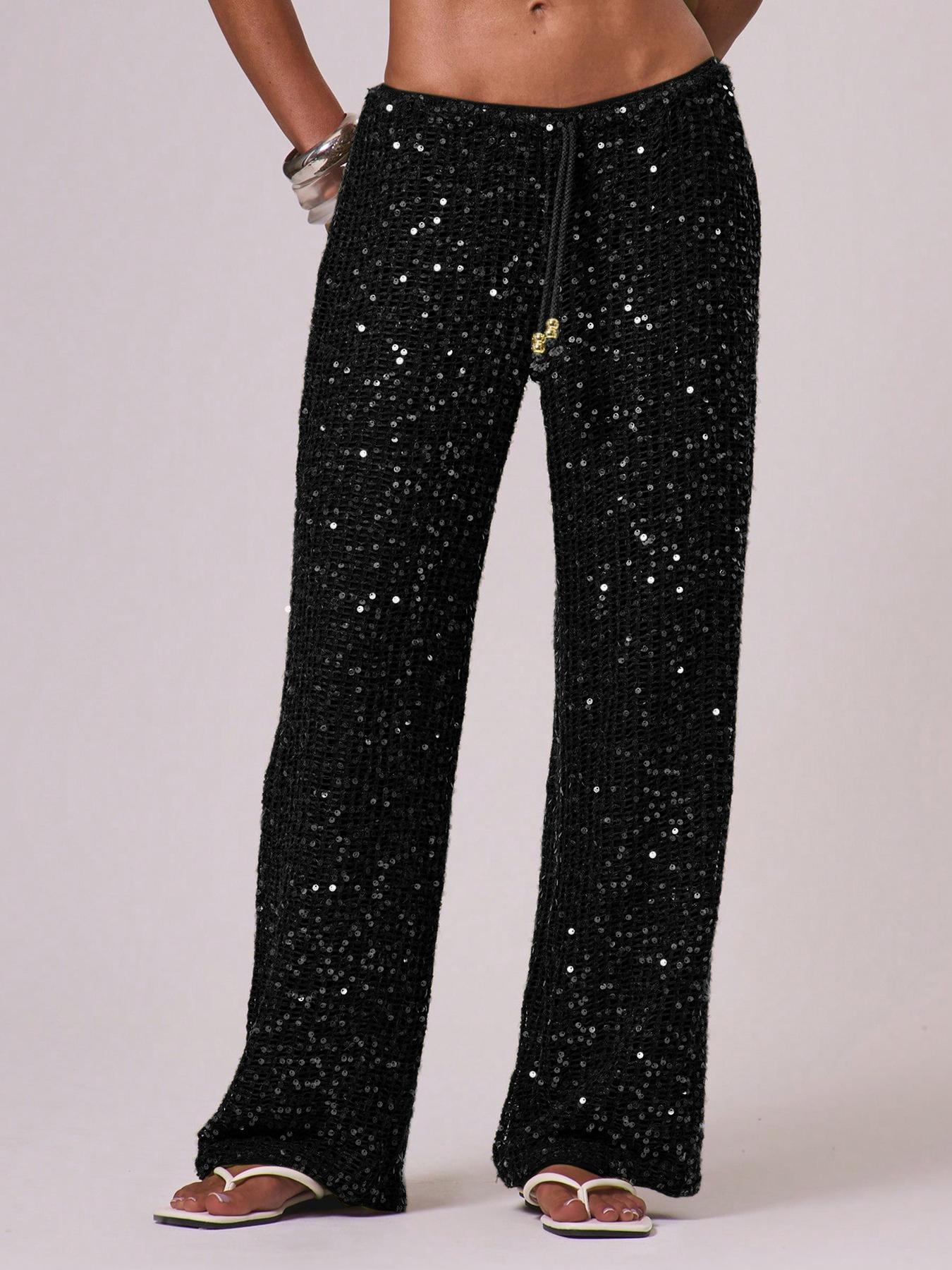 Women's Bohemian Style Beach Pants, Elegant Summer Sequined Long Trousers, Fashionable Holiday Wear, Ladies' Casual