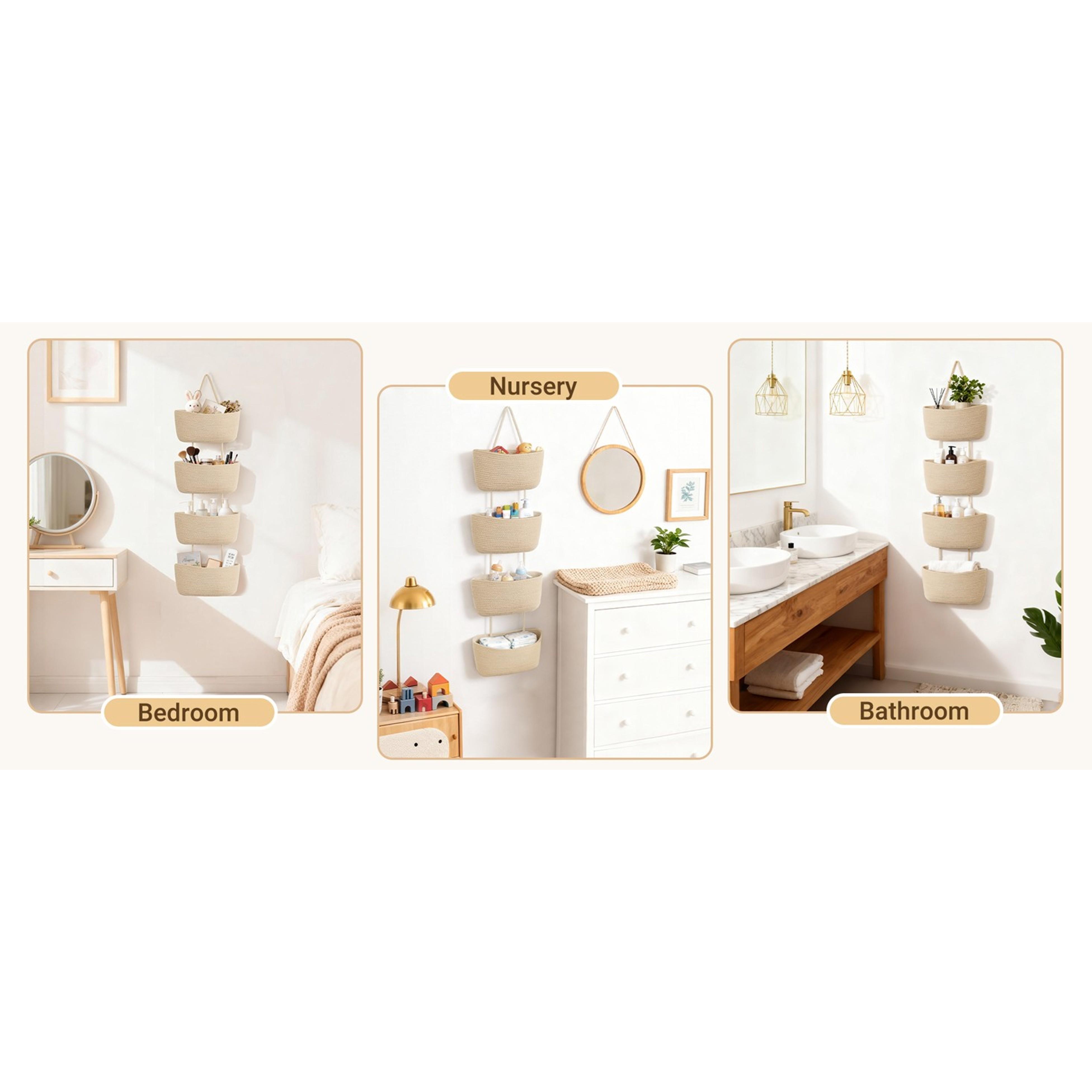 Over The Door Hanging Basket 4-Tier Woven Boho Wall Mounted Storage Organizer with Hooks for Bedroom Nursery Bathroom Apartments Dorm Pantry Decor, Jute Over The Door Hanging Basket 4-Tier Woven Boho Wall Mounted Storage Organizer with Hooks for Bedroom Nursery Bathroom Apartments Dorm Pantry Decor, Jute