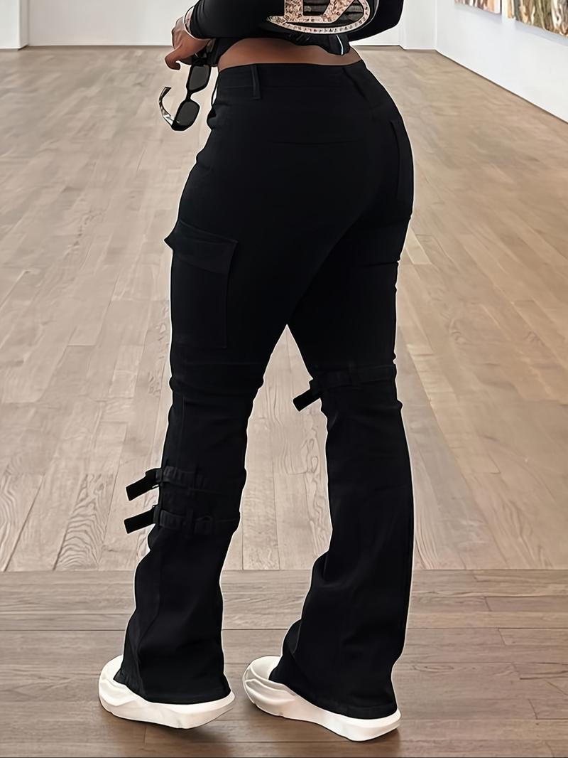 【Plus Size】 Solid Color Buckle Decor Stretchy Jeans, Casual Comfy Denim Pants for Daily Wear, Women's Bottoms for All Seasons