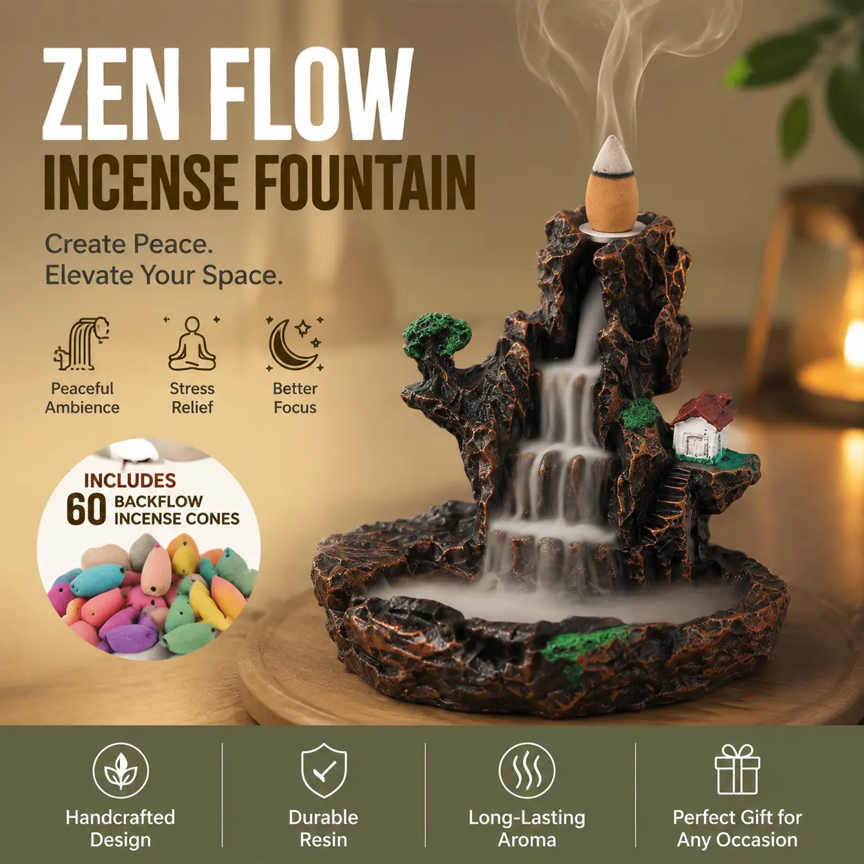 Resin Mountain Backflow Incense Burner – Aromatic Scent Freshener & Home Fragrance Accessory, Practical Aromatherapy Decor for Meditation, Bedroom Relaxation & Indoor Use, Creates Calming Mist Flow, Durable Resin Craft, Ideal Mindfulness Gift-YY2