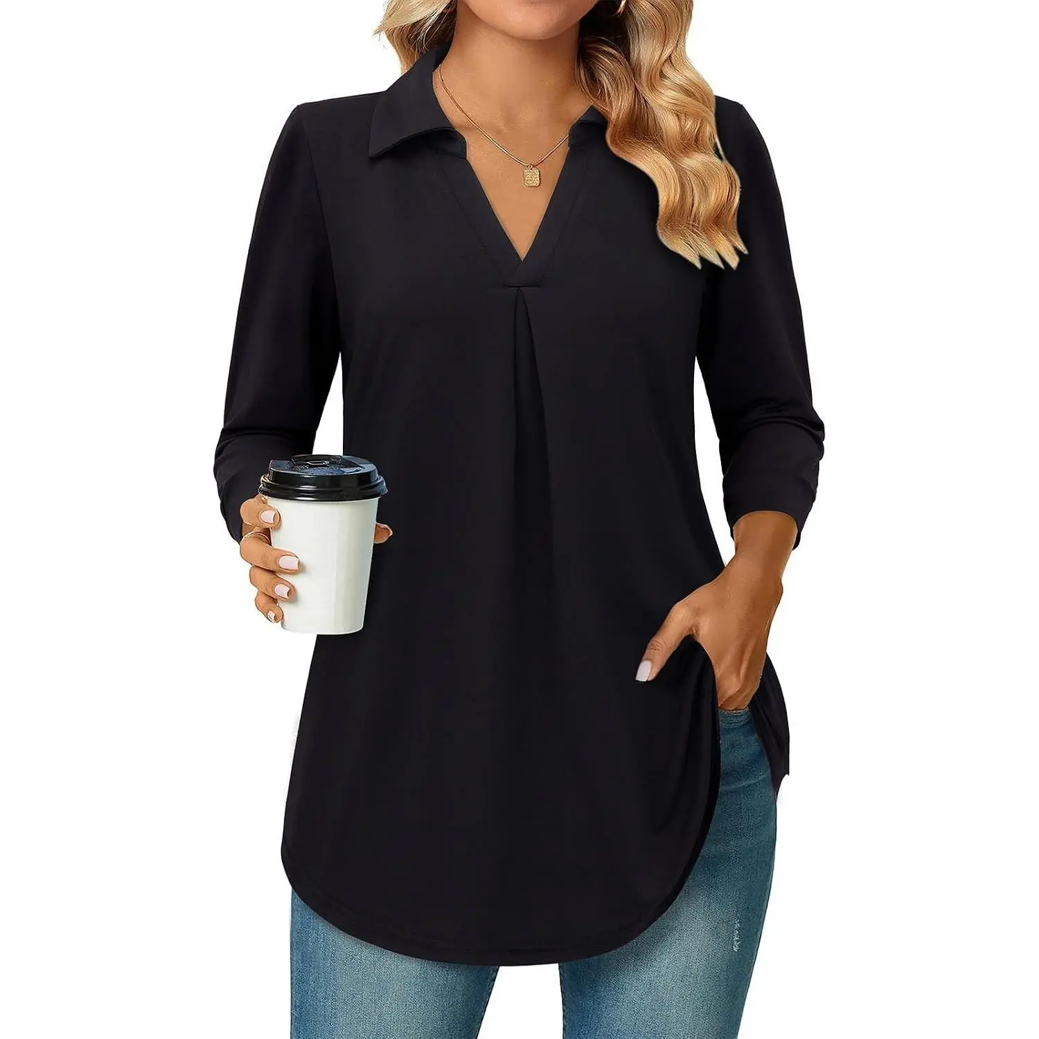 Women's 3/4 Length Sleeve V Neck Collared Blouses Dressy Casual Work Office Tunics 2026 Spring Summer(Gift)