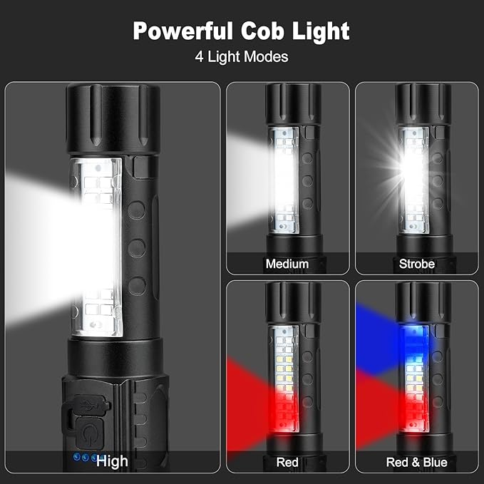2-piece rechargeable zoom ultra bright flashlight, suitable for emergency power outages, outdoor camping, hurricanes Rechargeable LED battery powered, with 6 lighting modes and COB side lights Strong light, red and blue flashing flashlight