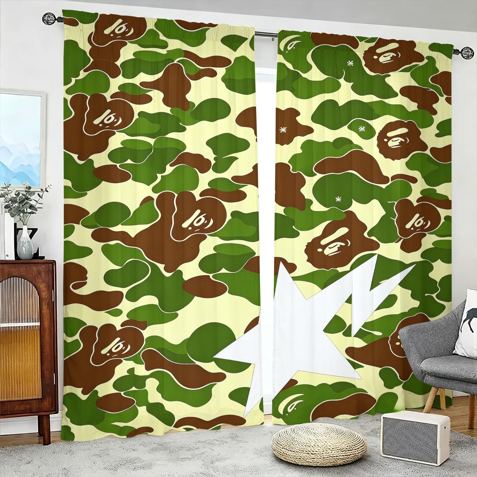 Gray Black Camo Star Semi-Sheer Light Filtering Curtains, Curtain for windows, Privacy Protection Brushed Flannel Drapes, Streetwear Camouflage Print Non-Blackout Rod Pocket Panels, Window Decor for Living Room, Teens Bedroom