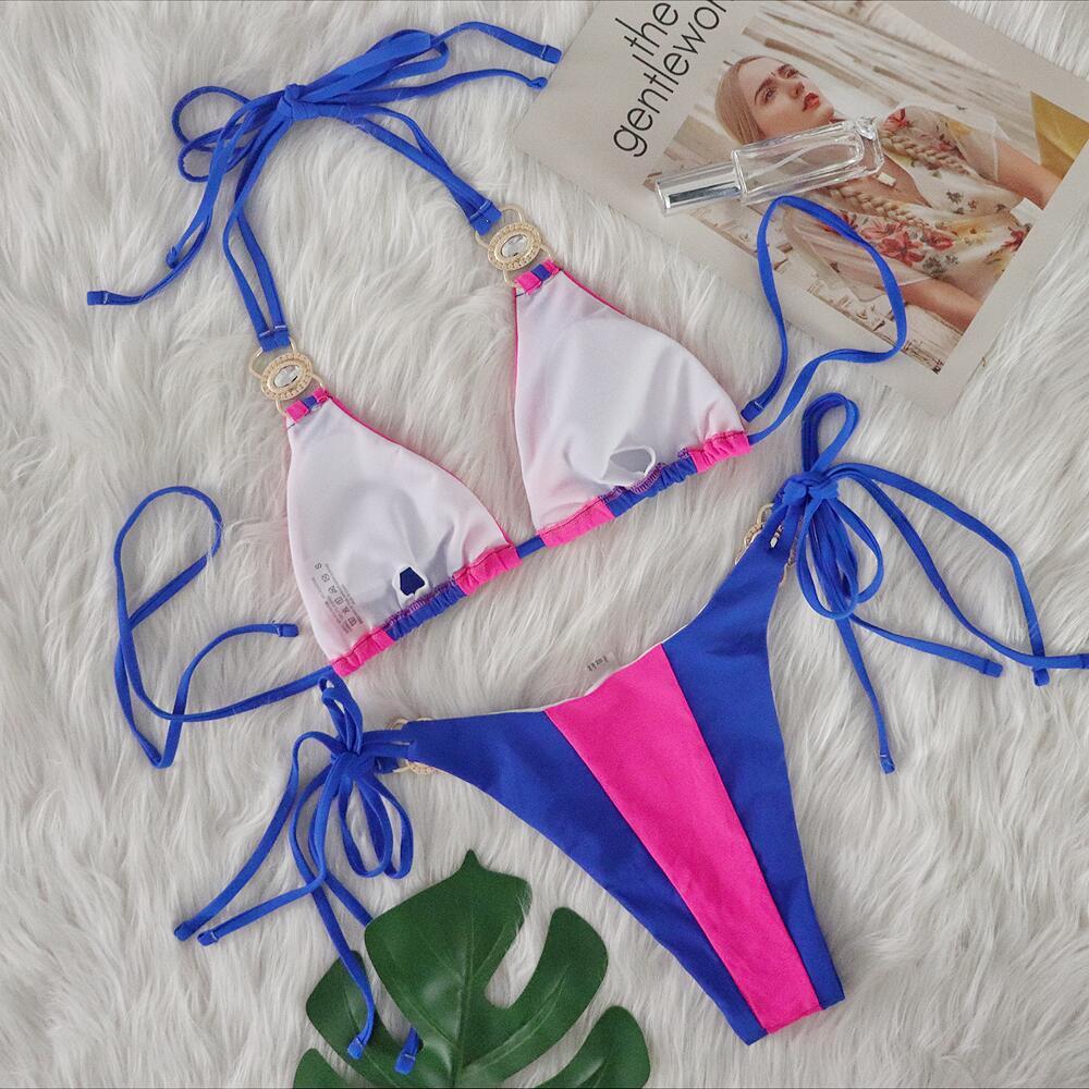 Women's Pink Mint Color Block Halter Bikini Two Piece Swimsuit, Triangle Top With Emerald Rhinestone Metal Hardware, Side Tie String Bikini Bottom, Contrast Color Tropical Beach Bathing Suit for Summer Vacation Pool