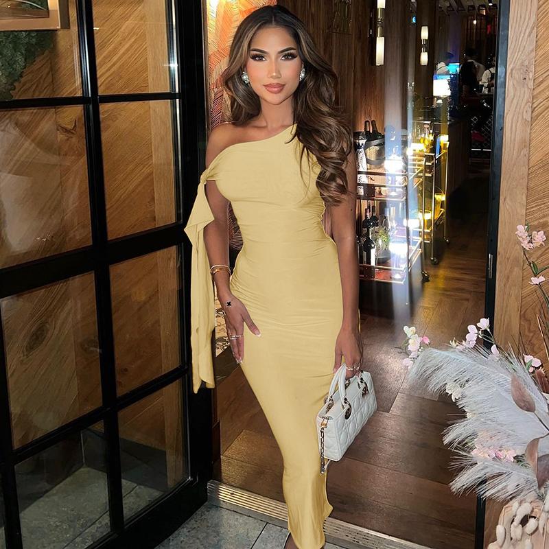 Knotted One Shoulder Tie Bandage Midi Dress for Women's  2025 Summer Asymmetric Sleeveless Bodycon Slim Casual Elegant Sexy Party Club Dating Outfit Dress