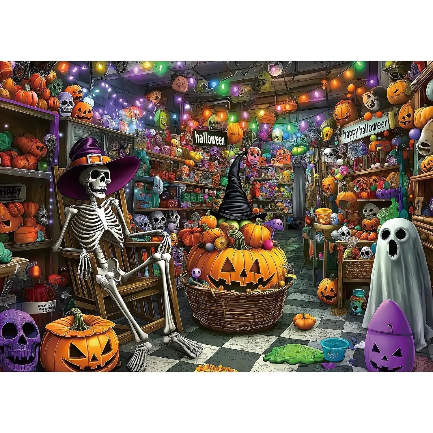 Halloween 1000 Pieces Puzzle for Adults, Puzzle Witch Skeleton Shop | Jigsaw Puzzle with Pumpkins and Ghosts Halloween Night Spooky Decor Jack-O'-Lanterns, Dust-Free for Holiday Gift, 27.5"x19.7"