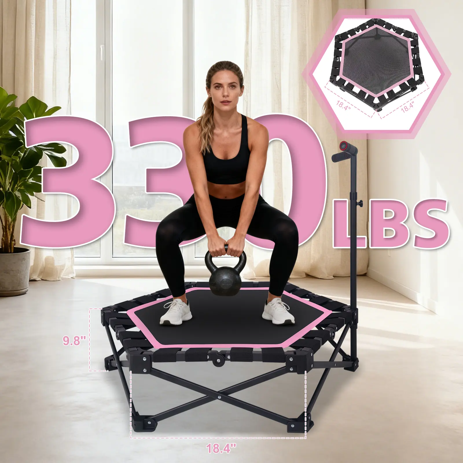 42" Foldable Mini Trampoline, One-Step Fold & Open, Rebounder Trampoline for Adults, 330lbs Max Load, 3-Level Adjustable T-Bar, Indoor & Outdoor Workout