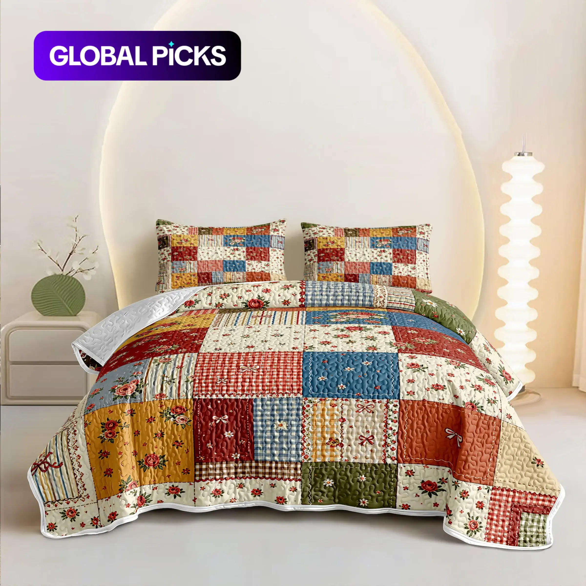 3-Piece American-Style Patchwork Quilted Bedding Set, Vintage Floral Patchwork Bedding, Machine-Washable Reversible Bedspread, Matching Pillowcases, Comforter Not Included, Suitable for All Seasons, Vintage-Style Home Bedroom Set, Bed Sets