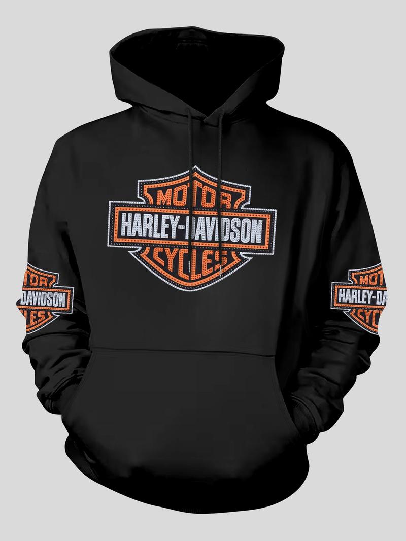 Harley Style Brand Logo Printed Hoodie Sweatshirt, Fitted Long Sleeve Hoodie with Pockets, Fall & Winter Fashion Harley Style Brand Logo Printed Hoodie Sweatshirt, Fitted Long Sleeve Hoodie with Pockets, Fall & Winter Fashion