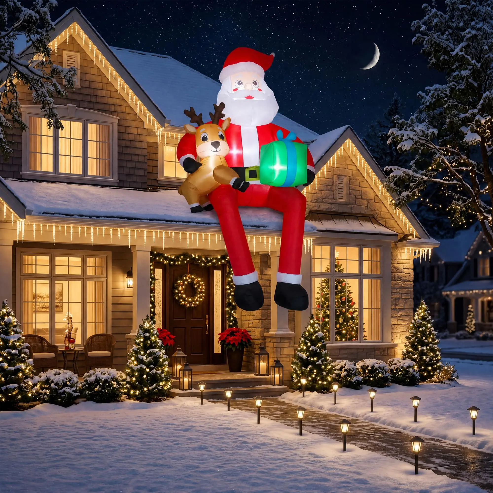 Christmas Inflatables Sitting Santa Claus Outdoor Decorations, Inflatable Christmas Decorations with LEDs, Sitting Santa Claus with Gift Bag & Deer Inflatable for Christmas Roof Decorations