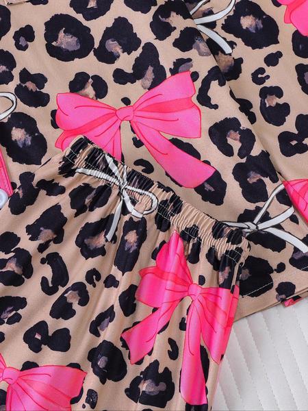 Women's Autumn Winter Pajama Set, Cute Bowknot Print, Holiday Party Sleepwear, Shirt Collar Button Long Sleeve Top & Elastic Pants, Pajamas For Adults