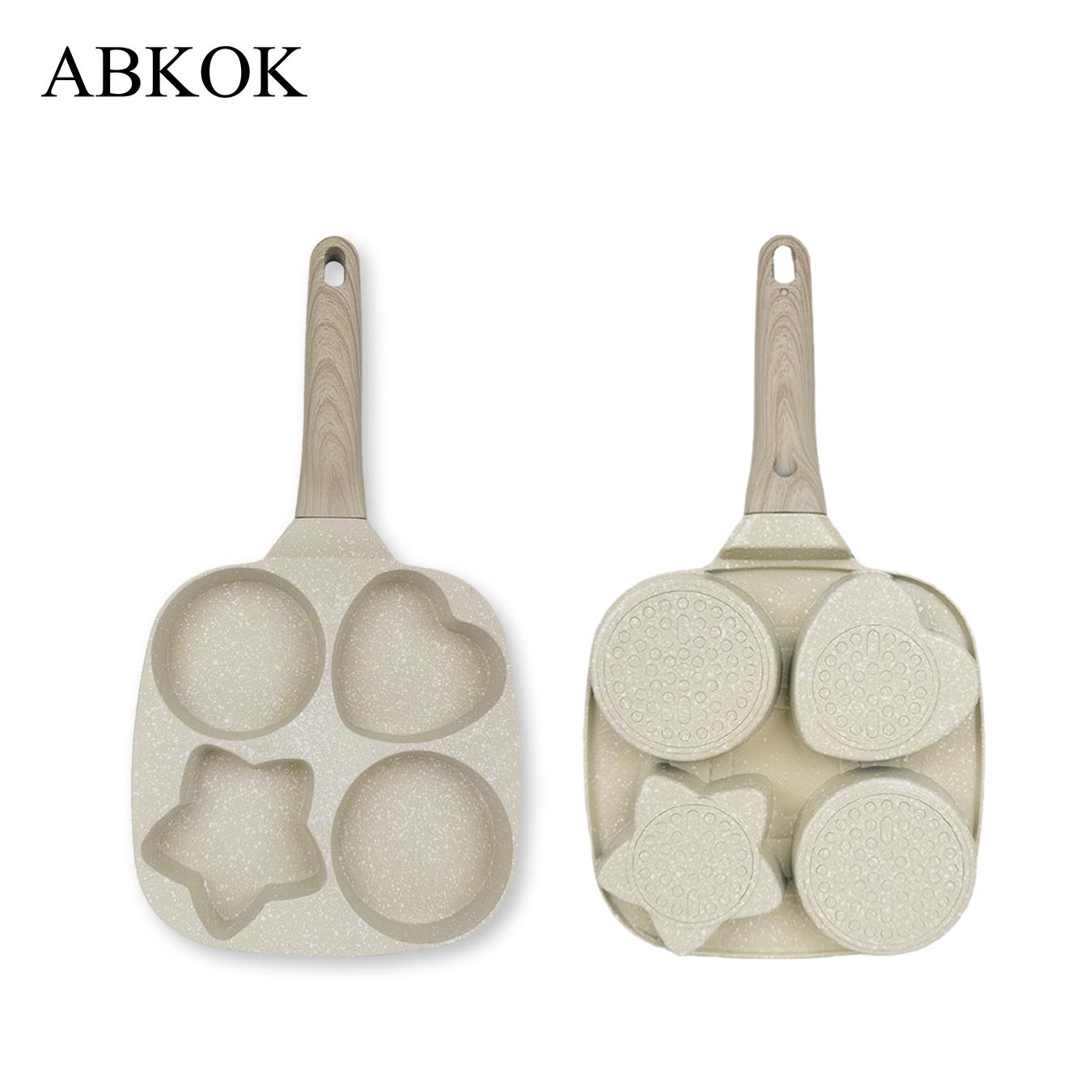 Abkok Four-Hole Non-Stick Egg Skillet Pan, Nonstick Egg Pan, Non Stick Cookware, 8–9-Inch Diameter, Ideal for Breakfast Eggs and Burgers, Durable Wooden Material Base with No-Handle Design