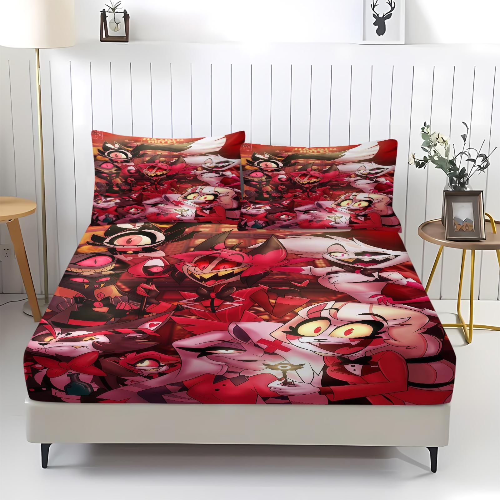 3 Piece Hazbin Hotel Pattern Fitted Sheet Set, Soft And Durable Bedding Set Bed Sheets Includes 1 Piece Flat Sheet And 2 Pieces Pillowcases, Daily Holiday Birthday Gift Bedroom Decorations For Kids And Adults, Bedsheet Sets