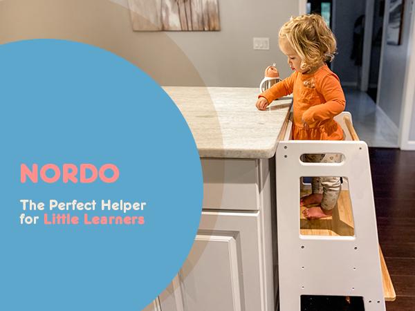 HARPPA Nordo Toddler Tower Montessori Adjustable  Kitchen , Toddler Stools Helper, Kitchen Tower with Learning Chalkboard & Protection Net, Toddler Gifts