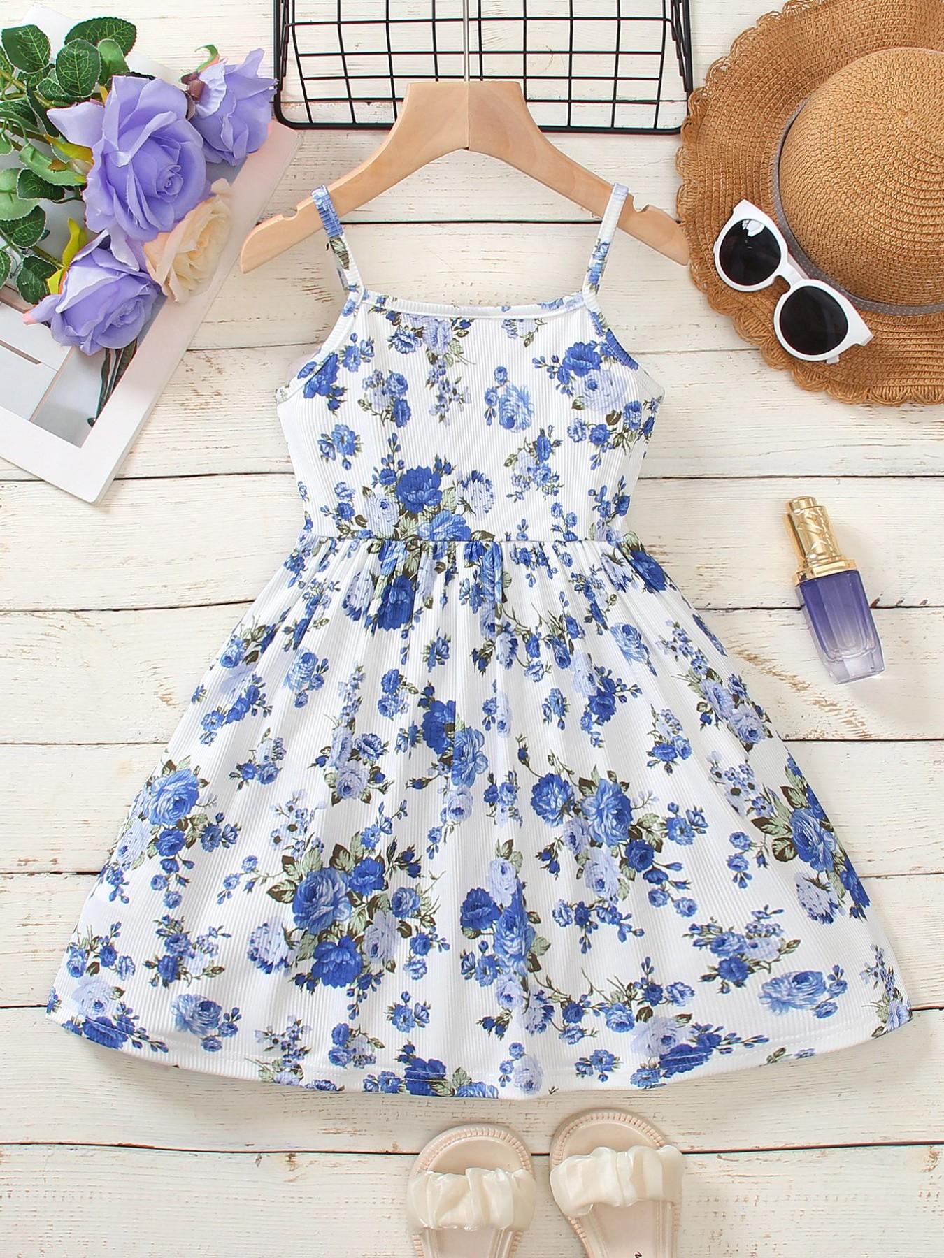 Adorable Floral Print Halter Dress for Girls, Breathable Sleeveless Sun Dress, Casual Vacation Wear, Perfect for Beach and Garden