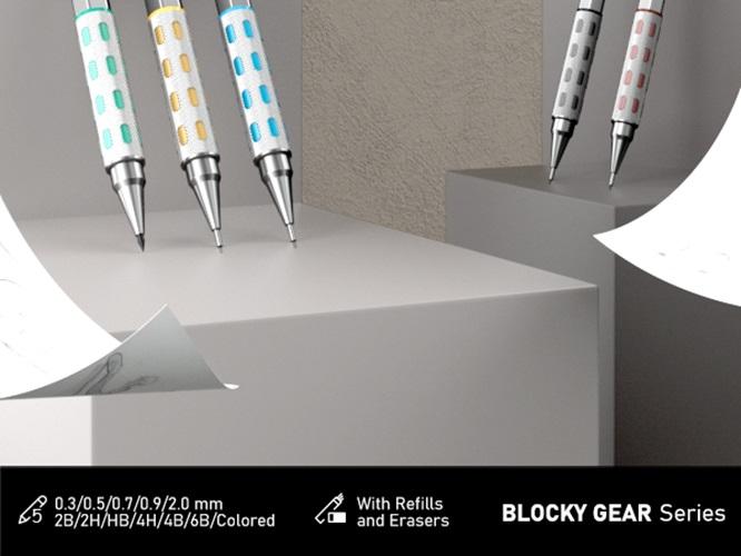 Nicpro 5 Pack Blocky Gear Mechanical Pencil Set with Case, Metal Mechanical Pencils 0.3, 0.5, 0.7, 0.9, 2mm Lead Holder for Art Drawing Sketching with 21 Tubes Lead Refills, Office Stationery Supplies, Writing Stationery