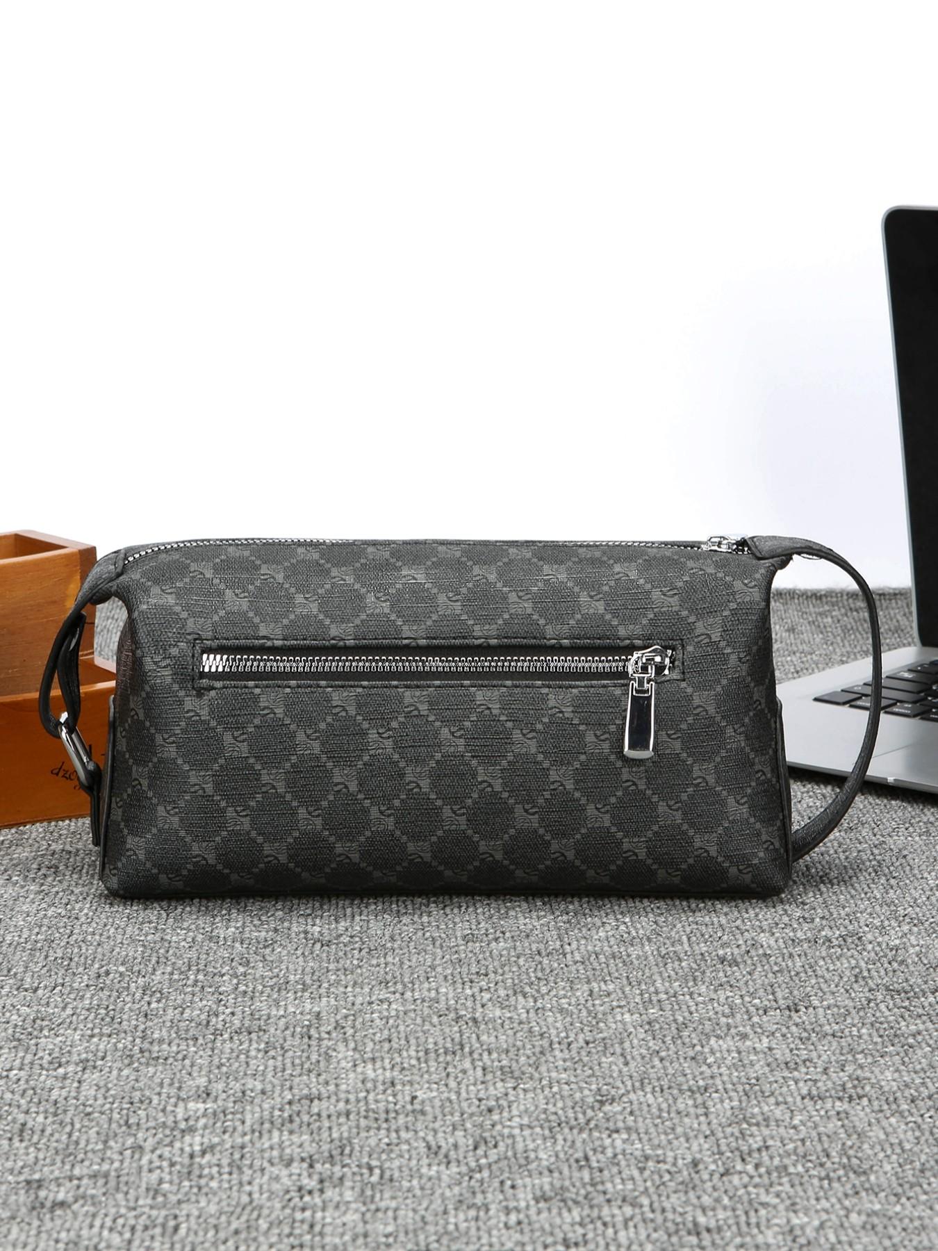 Men's Vintage Monogram Toiletry Bag, Large Capacity PU Leather Travel Dopp Kit, Portable Cosmetic Organizer with Handle for Daily Use