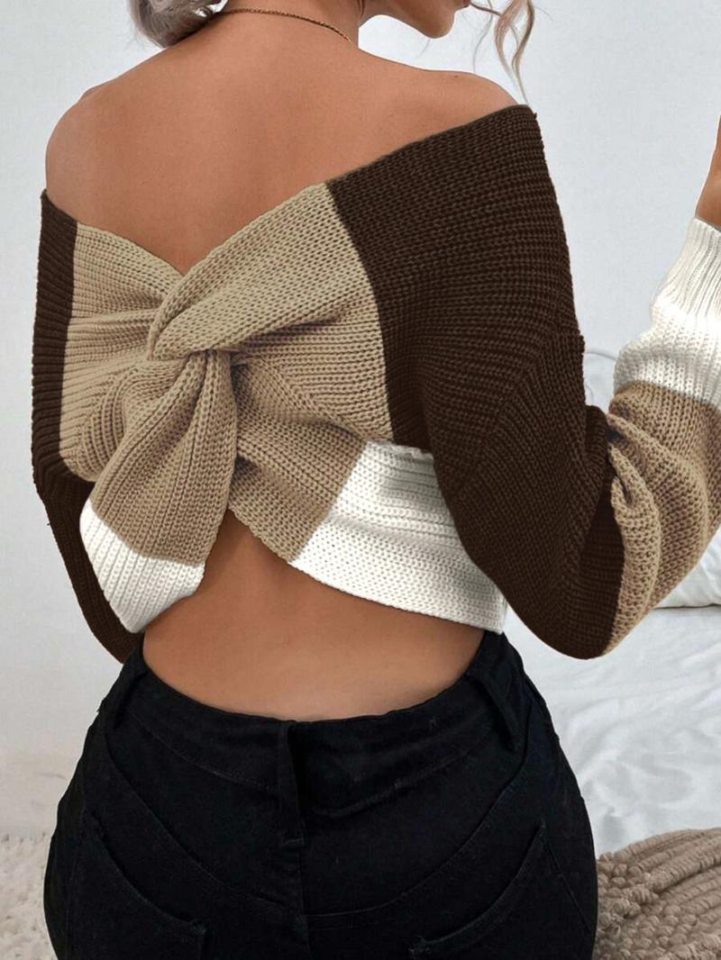 Elegant Off-Shoulder Colorblock Knit Sweater Top, Casual V Neck Twist Design, Spring & Fall Fashion, Fitted Medium Fabric, Knitwear