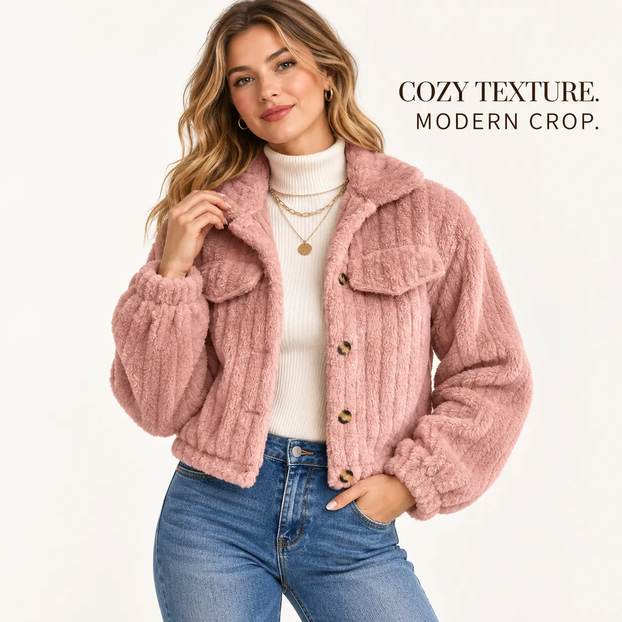 Women's Pink Plush Cropped Jacket, Ribbed Fuzzy Button-Front Shacket with Oversized Collar, Flap Chest Pockets and Elastic Hem, Cozy Long-Sleeve Casual Outerwear for Fall Winter, Trendy Y2K Streetwear Layer for Everyday Outfits, Soft Warm Pink Coat