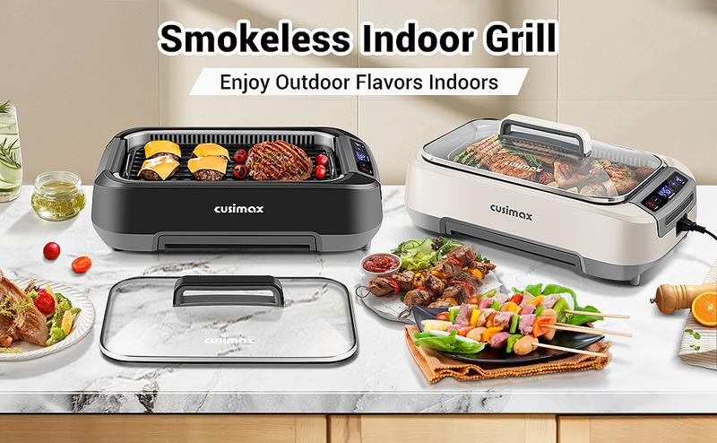CUSIMAX Smokeless Indoor Grill 1500W Electric Korean BBQ with LED Display & Tempered Glass Lid Non-stick Removable Plate Turbo Smoke Extractor Black New Model grill rack electric mini