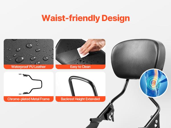 Detachable Motorcycle Passenger Backrest, Compatible with Harley-Davidson Touring, Street Glide, Road Glide, Road King, 16-Inch Height, Black