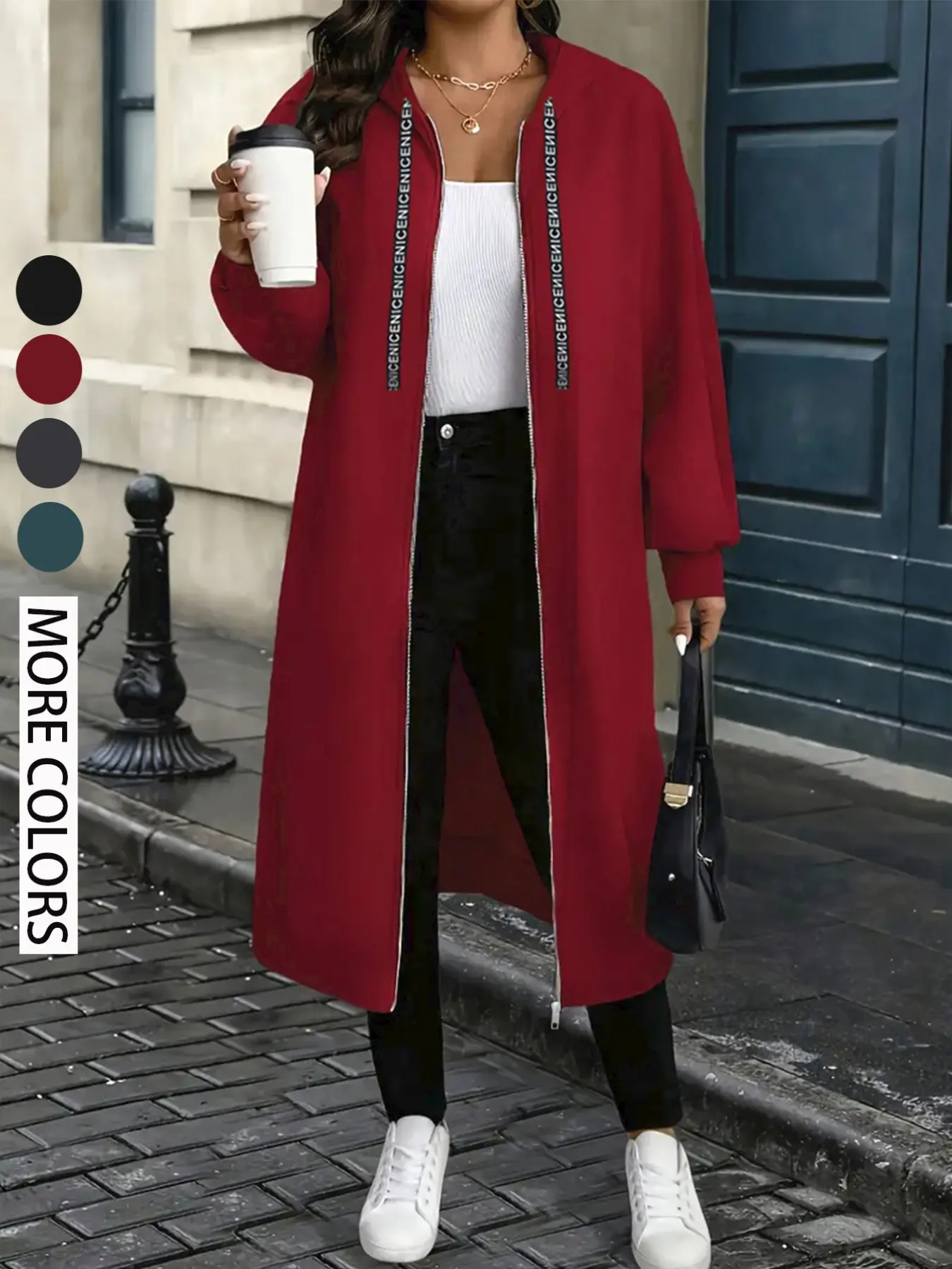 Plus Size Women's Hooded Zipper Jacket, Long Sleeve Winter Coat, Front Zip Closure, Loose Fit Fall & Winter Outerwear, Solid Color Warm Jacket