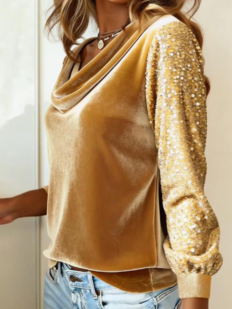 Women's Fashion Plus Size Velvet Puff Collar Long Sleeve T-Shirt, Sequin Patchwork Top, Casual Style, Comfortable Fit