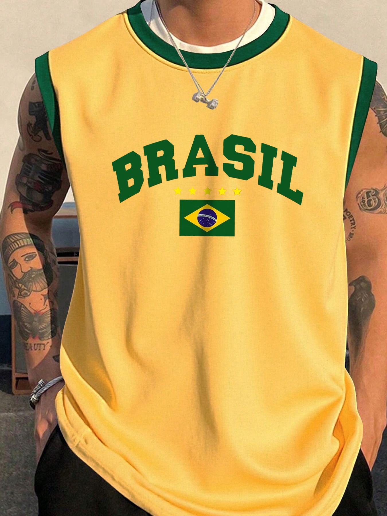 Men's Brazil Flag Print Tank Top, Vest Top, Regular Fit Casual Comfy Sleeveless Top for Summer, Men's Clothes for Daily Wear, Socks