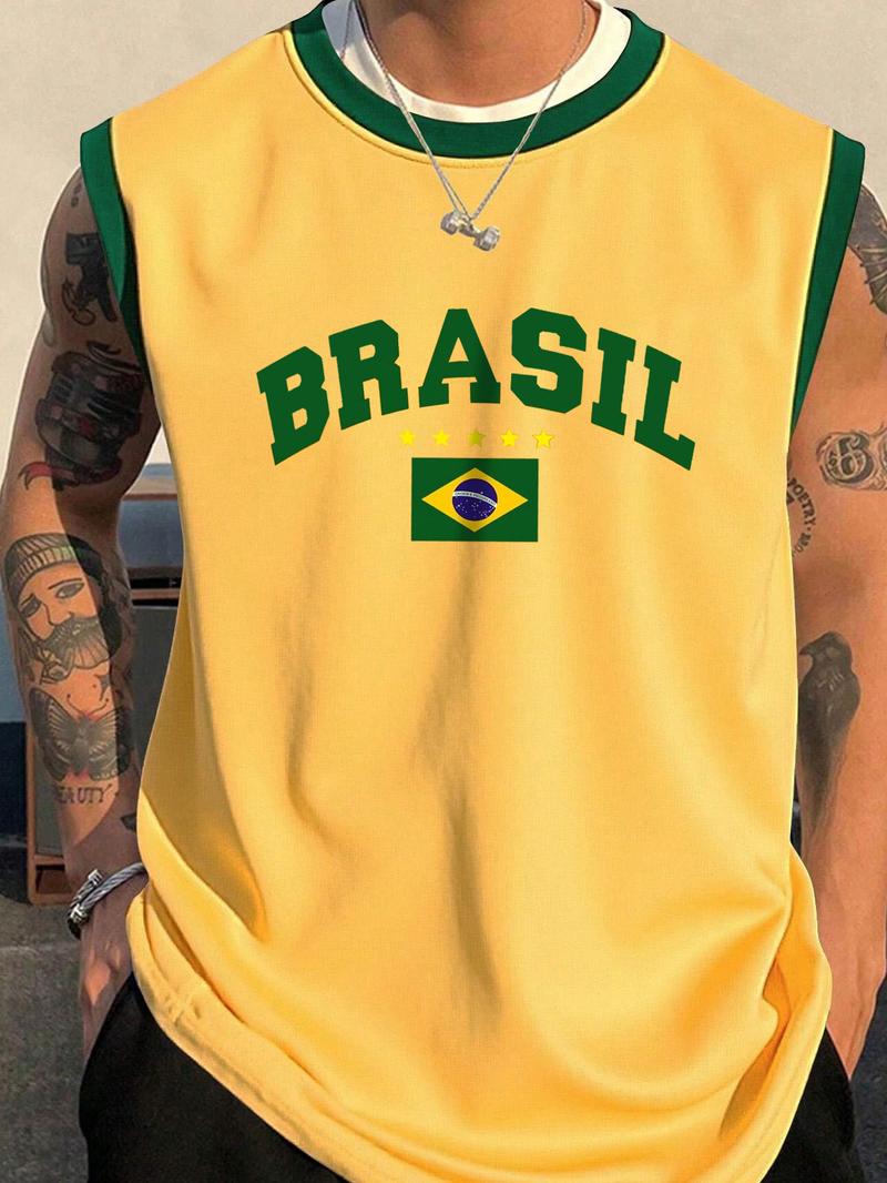 Men's Brazil Flag Print Tank Top, Vest Top, Regular Fit Casual Comfy Sleeveless Top for Summer, Men's Clothes for Daily Wear, Socks