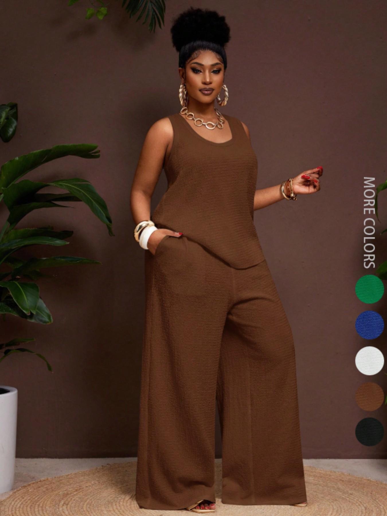 Women's Plus Size Womenswear Fashion Business Casual Vacation 2-Piece Set, Comfortable U-Neck Sleeveless Top with Pockets, Loose Fit Wide Leg Pants Clothes