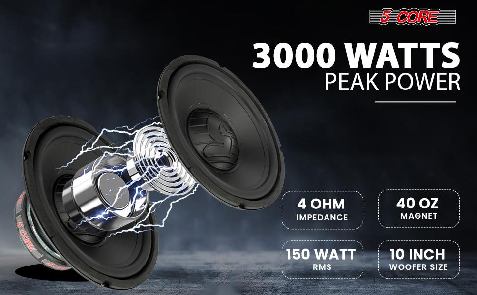 Car Subwoofer 10" 3000W Pro Audio Deep Bass Component Sub Woofer 4Ohm Replacement Speaker