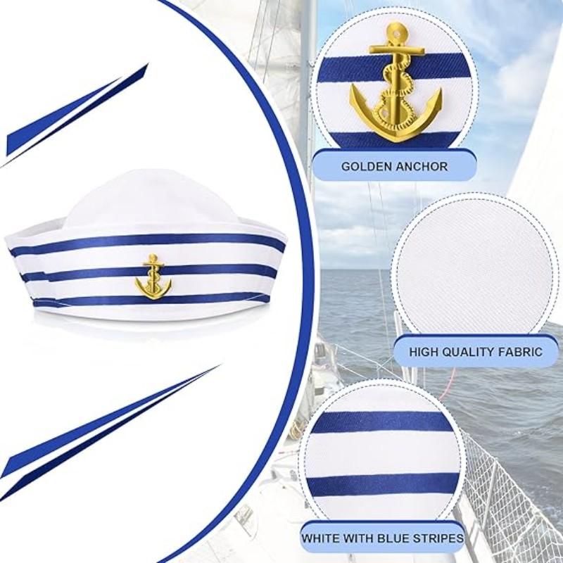 Blue Striped Sailor Hat with Gold Anchor, Nautical Theme Headwear, Adjustable Ocean Hat for Parties and Role Play, Classic Navy Style