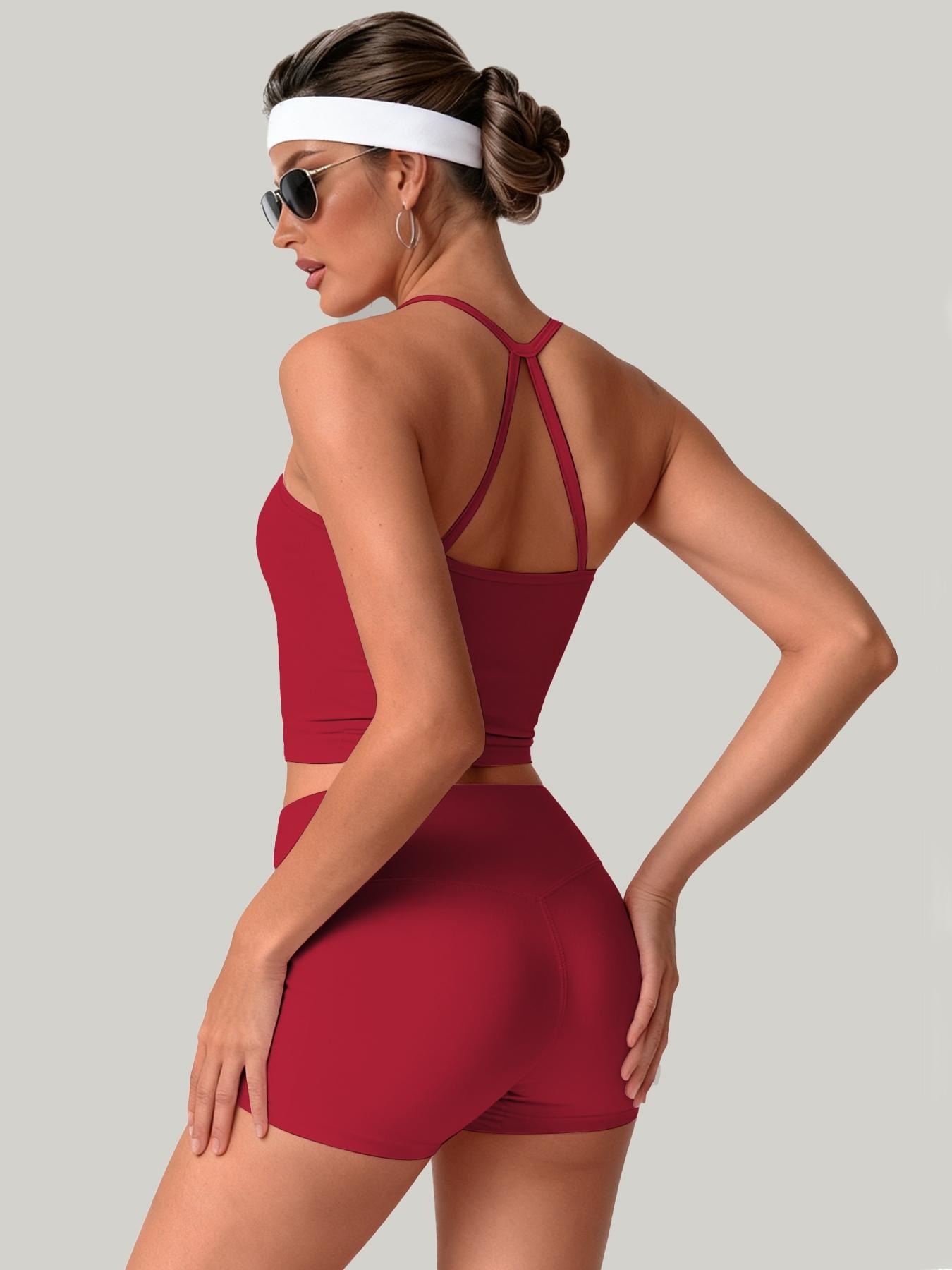 Women's Two-Piece Set, Sleeveless Crop Top + Tight Shorts, Fitness Exercise, Indoor Outdoor Sports Wear, Fitness Sportswear Set, Casual Summer Style