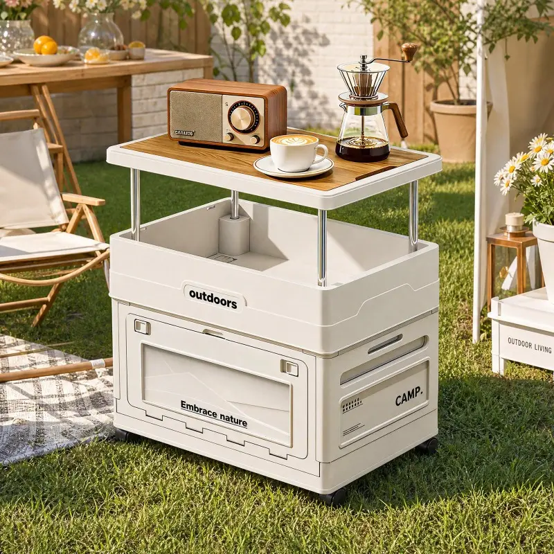Multi-functional outdoor storage box with adjustable-height tabletop, foldable patio deck box with side drawers, mobile with casters, suitable for camping, backyard use, and picnics; lightweight and portable storage cabinet/rack for outdoor use room