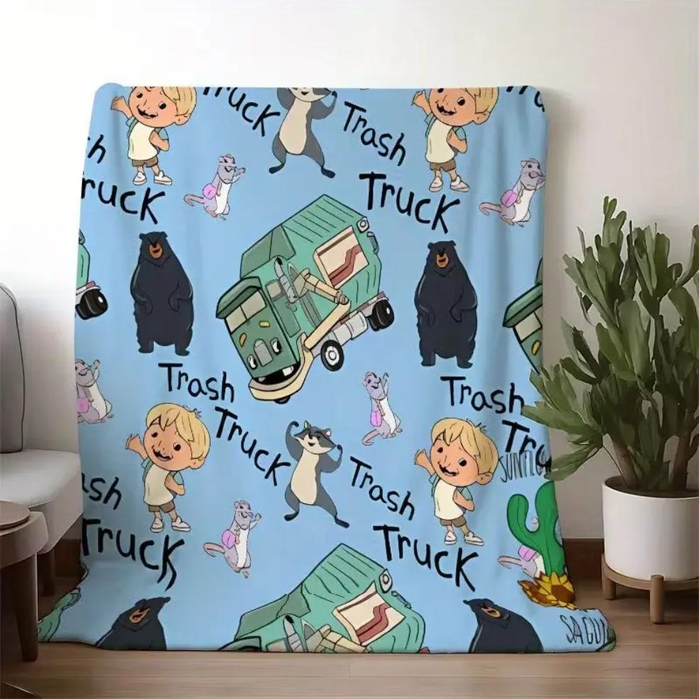 Trash Truck Adorable Cartoon Utility Vehicle Flannel Blanket, Soft Skin-Friendly Polyester Blanket, Baby Blankets and Adult Blankets, Warm Cozy Throw for Sofas, Beds, Camping, All-Season Textile Bedding, Perfect Birthday Holiday Gift for Kids and Family