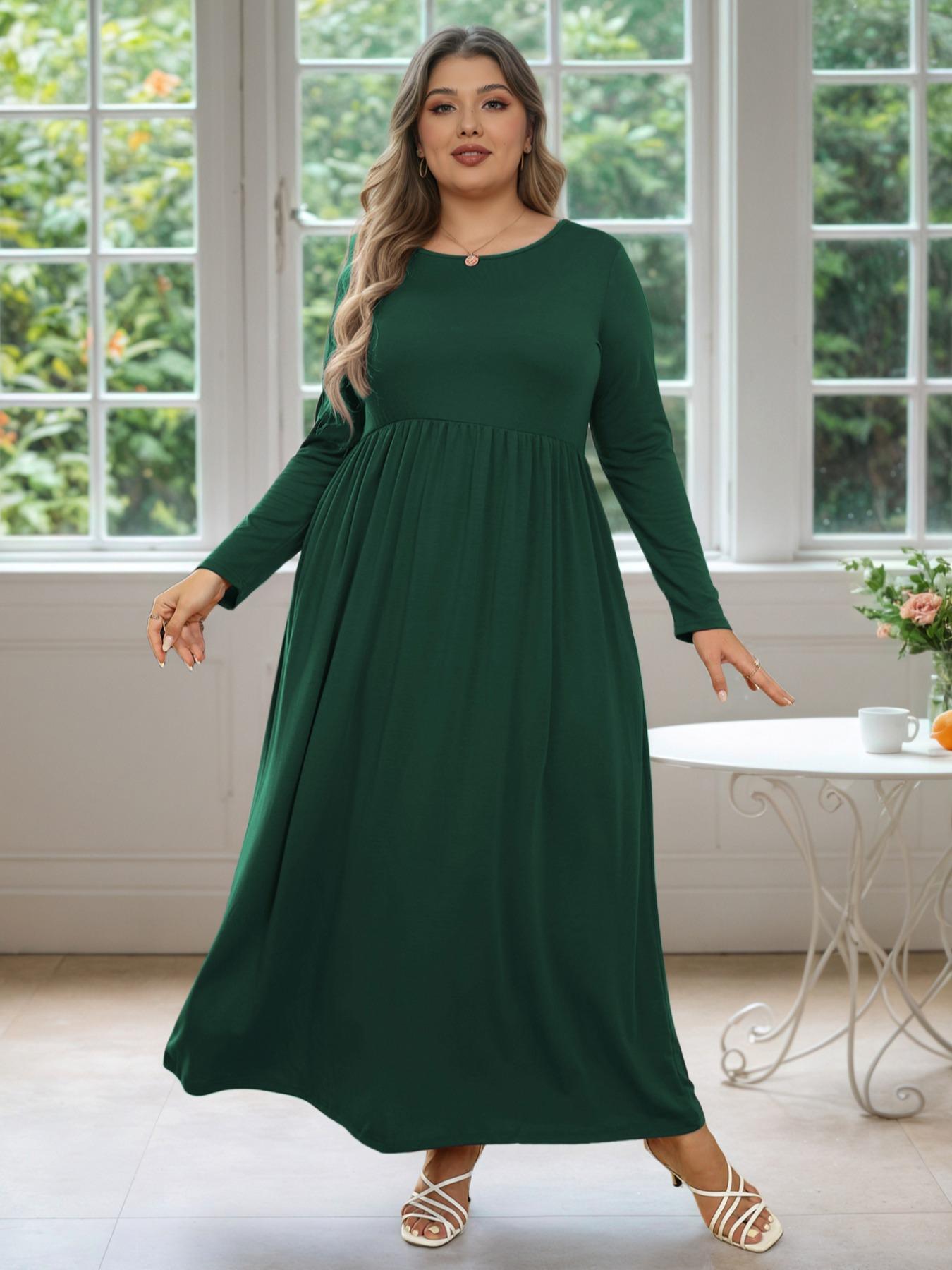 Women's Round Neck Stretchy Casual Fitted Long Plus Size Dress, Perfect for Bridesmaids, Vintage Style Wedding & Party Wear, Comfortable Fabric