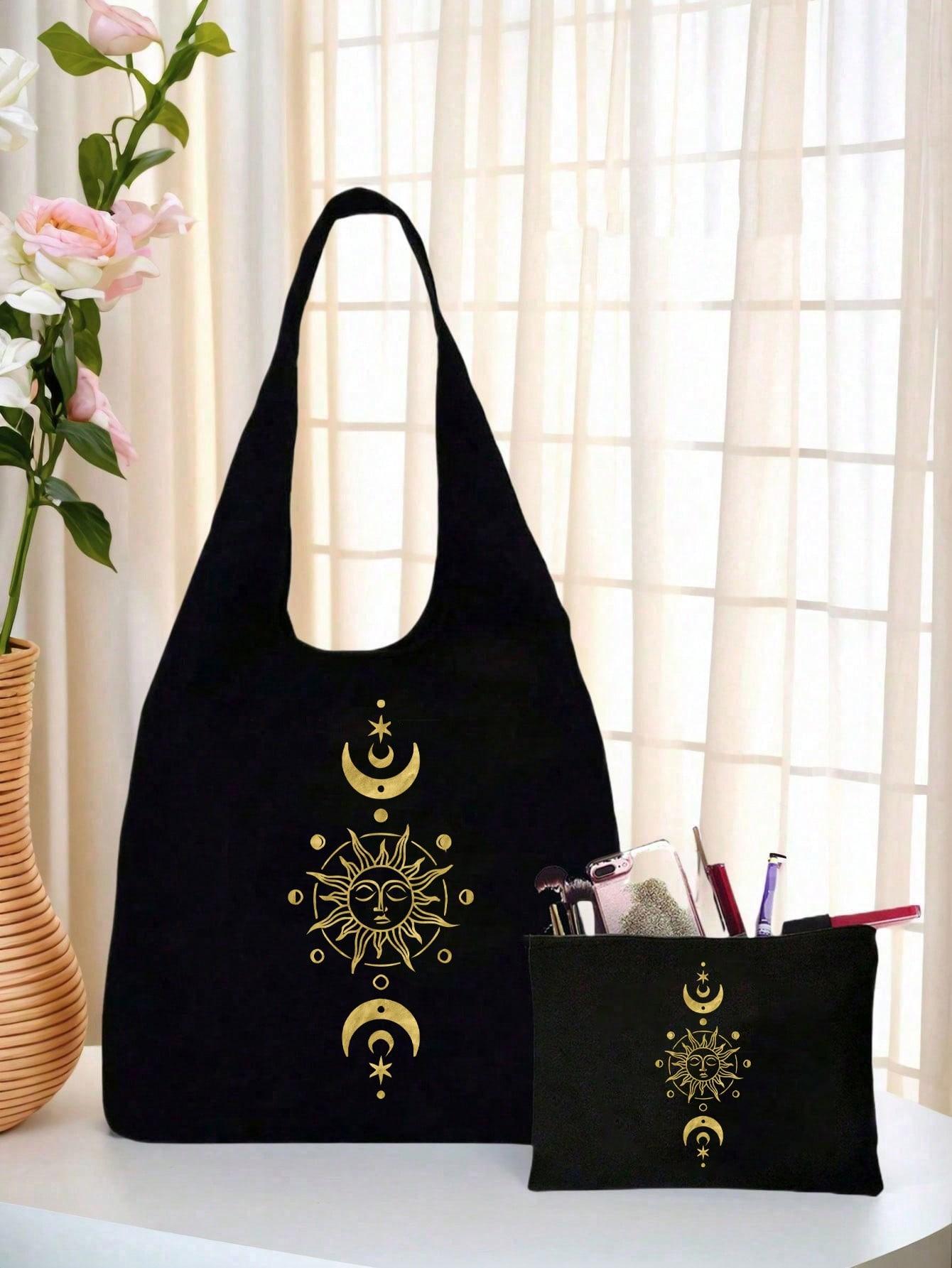 Sun, Moon, Stars Printed Canvas Shoulder Bag, Black Printed Vest Tote Bag and Black Small Bag, Shoulder Tote Bag, Multi-functional Shopping Bag, Commuter Bag, Valentine's Day Gift, Personalized Wedding Bridesmaid Gift Bag, Cosmetic Bag