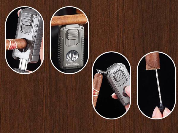 5-in-1 Butane Torch Lighter, Refillable Jet Flame Lighter with V-Cutter, Punch, Holder and Draw Tool, Multi-Functional Accessories Gift for Men, Dad, Husband, Friend