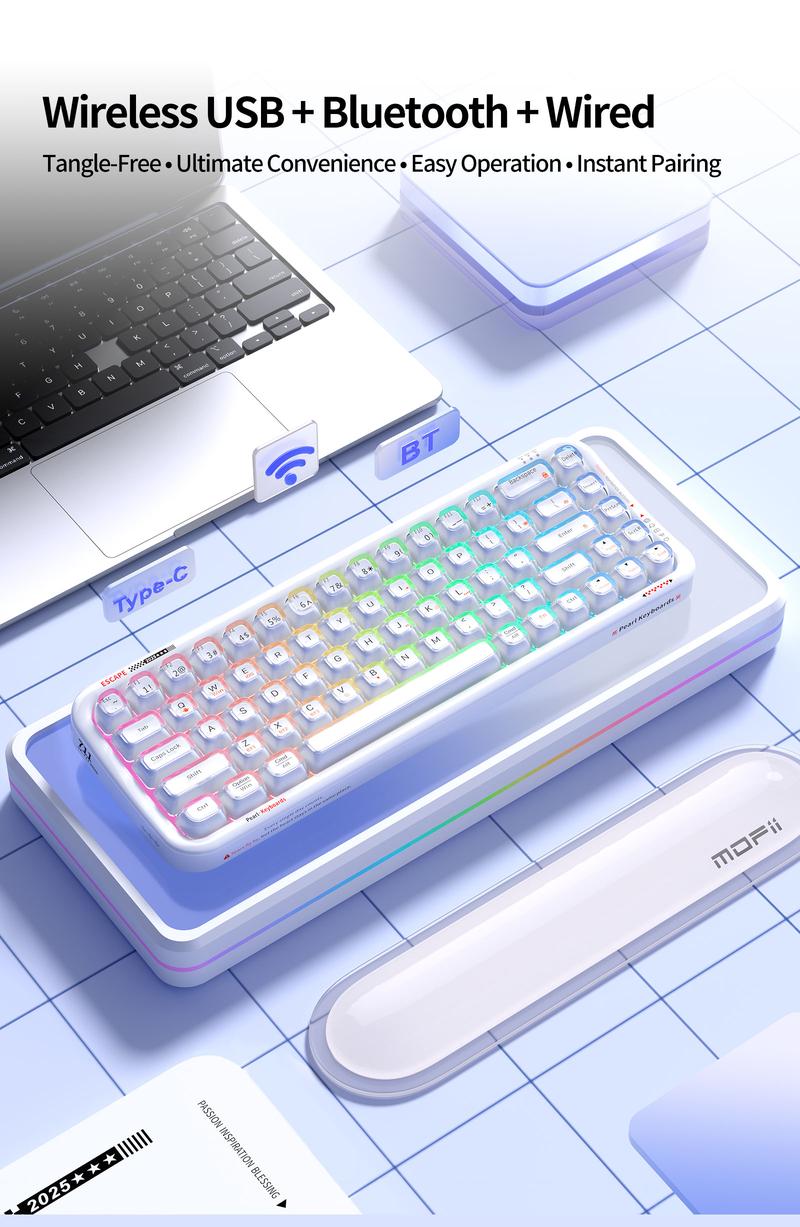 MOFii RGB Gaming Keyboard | 15 Light Effects, Cute Pink Transparent Keycaps, Rechargeable, BT/Wireless/Wired, US QWERTY