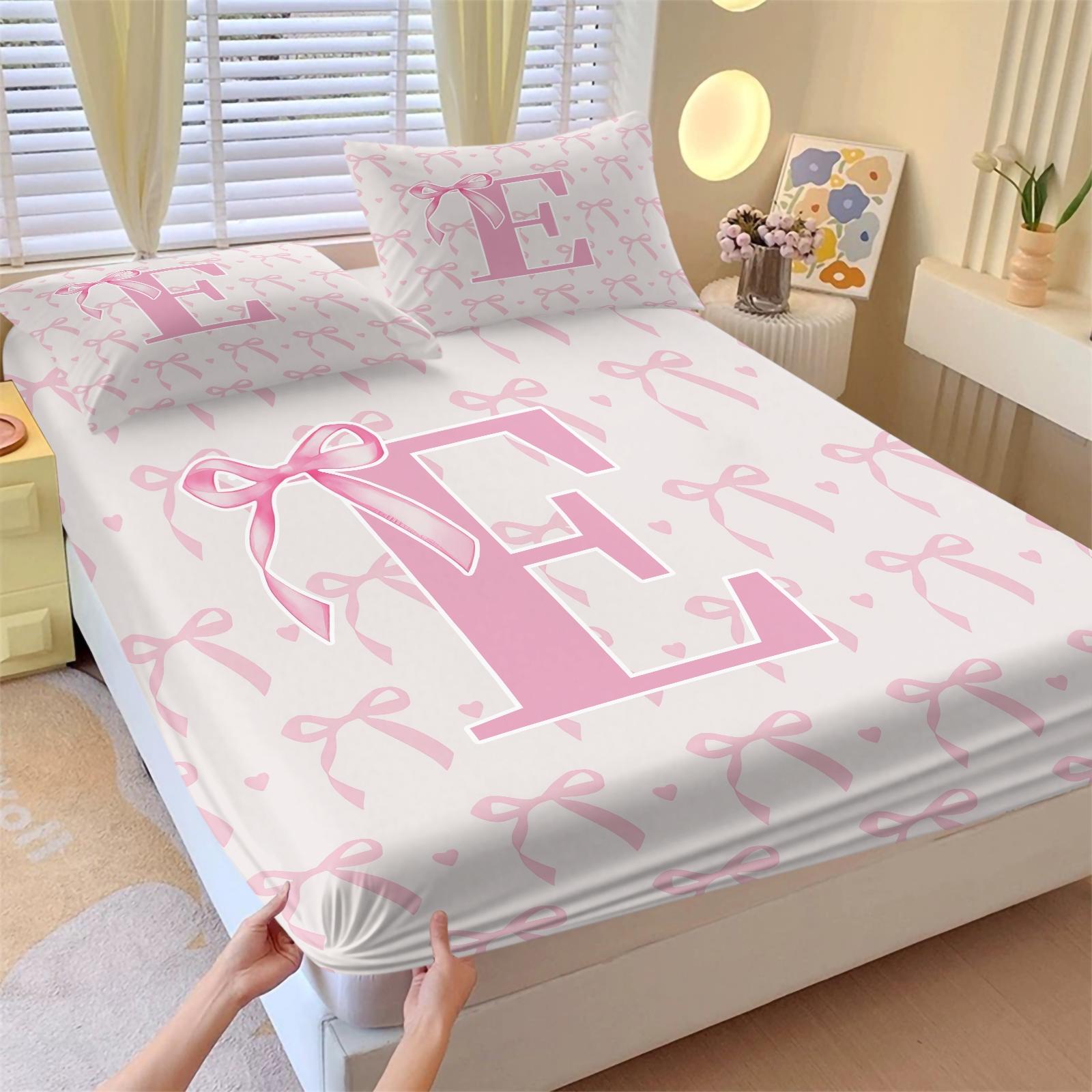 3Pcs Pink Romantic Ballet Bow Alphabet Fitted Sheet Set, For Kids Bedroom & Homestay, Elastic Wrap Around Mattress, Perfect for Housewarming, Birthday & Christmas Gifts