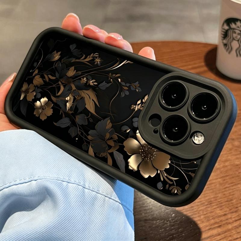 TPU IPhone Case for iPhone 15 14 Plus 17 16 Pro Max 14 13 12 11 XS  Black And Gold Flowers Pattern Drop Protection Shockproof Soft Silicone Smartphone Cover iPhone case