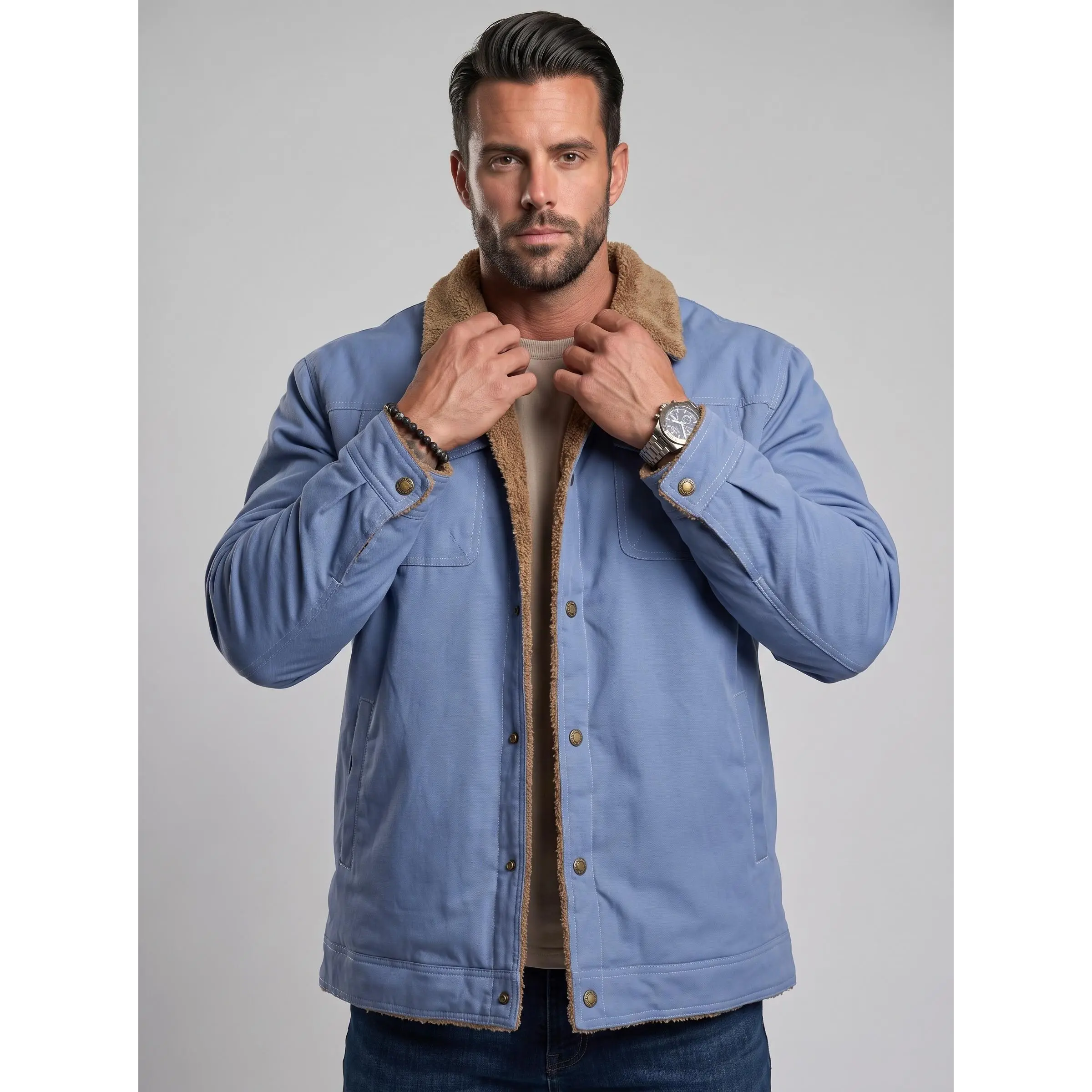 KZZ Men's Autumn-Winter Fleece-Lined Cotton Casual Workwear Jacket, Lightweight Menswear Top