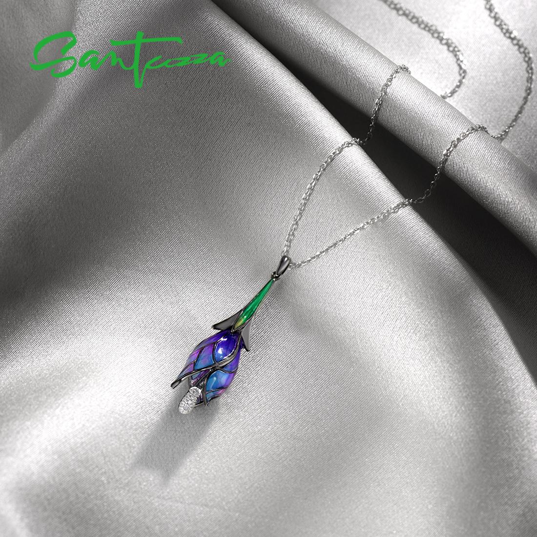 SANTUZZA 925 Silver White Cubic Zirconia Pendant Without Chain For Women Tulip Flower Delicate Jewelry