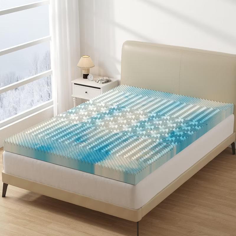 Cooling Gel Memory Foam Mattress Topper, Pressure Relieving 7-Zone Convoluted Design for Back Pain Relief, Breathable Ventilated Foam with Gradient Blue Color, Soft Supportive Mattress Pad for Better Sleep