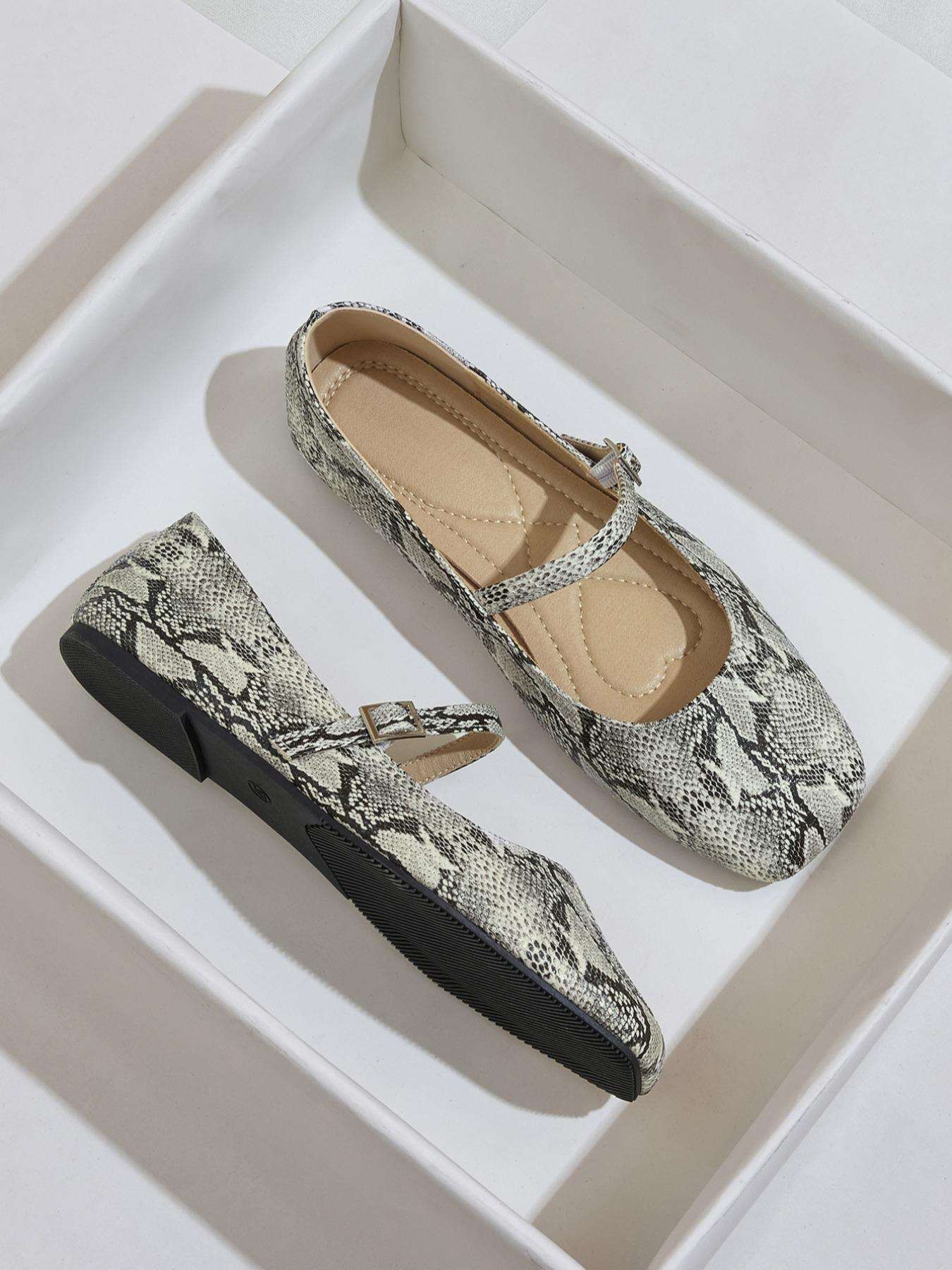 Women's Retro Snake Print Flat Mary Jane Shoes, Metal Buckle Slip-On Ballet Flats, Comfortable Low Heel Summer Shoes, Casual Flats