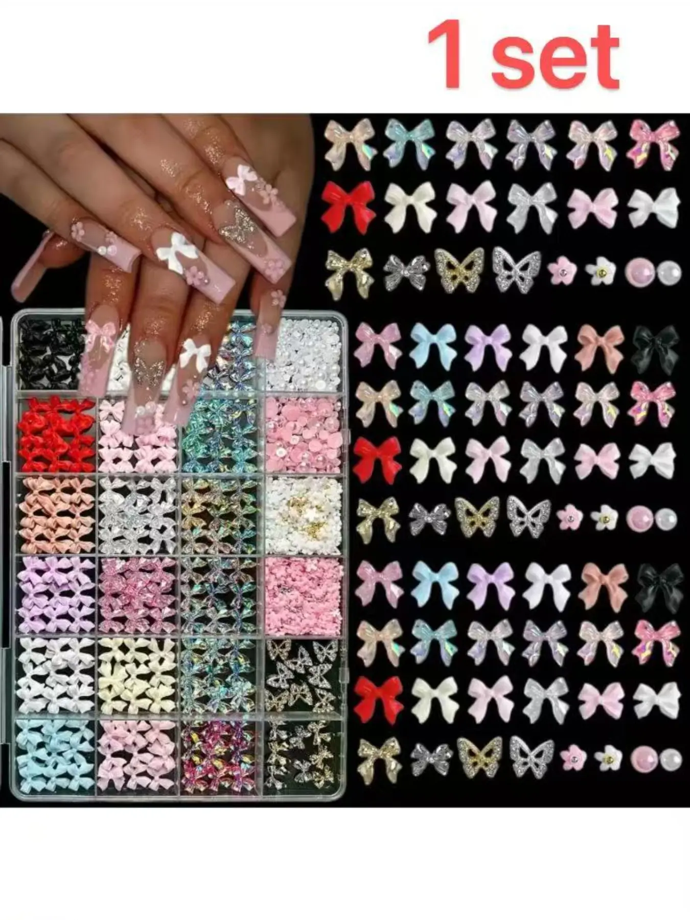 1Box 3D Classic Bowknots Resin Nail Charms Sold Color Ribbon Bow Light Luxury Hollowed Butterfly Alloy Nail Art Decorations DIY Manicure Supplies Nail Art Design Nail Art Accessories Nail Designs