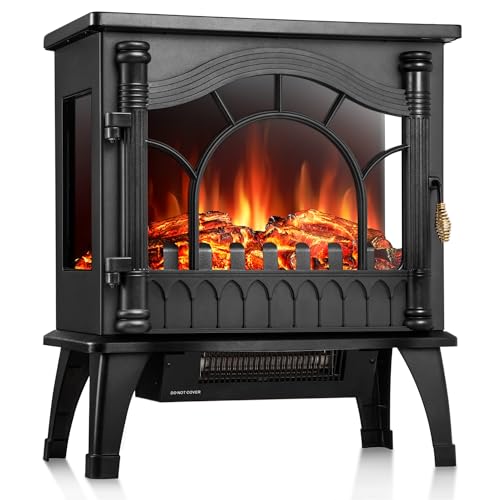 R.W.FLAME Electric Fireplace Heater, Freestanding Fireplace Infrared Stove 1000W/1500W, 3D Realistic Flame Effects, Adjustable Brightness and Heating Mode, Overheating Safe Design