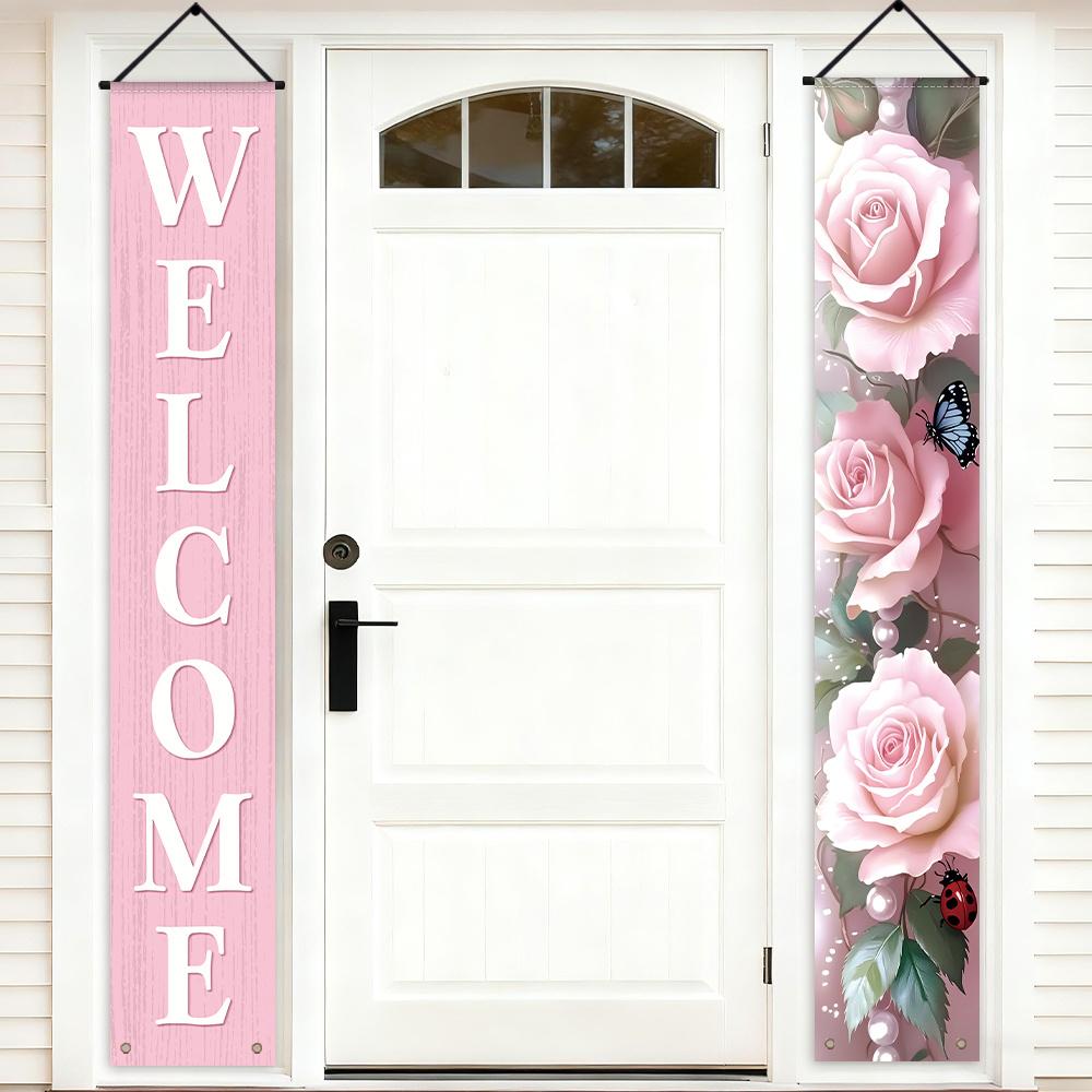 1 Pair 2D Flat Banners, Yard Sign Banner, Spring-Themed Front Door Porch Sign Party Banners with "WELCOME" Lettering, Pink Rose Design, Polyester, Suitable for Spring Parties, Home, Indoor/Outdoor Celebrations, Hanging Decorations
